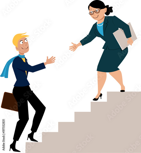 Mature business woman offering a hand to a young protegee, going upstairs, as a metaphor for mentorship or hiring, EPS 8 vector illustration