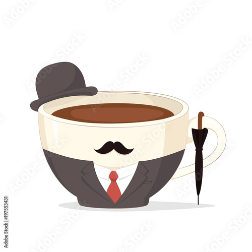 Vector cup of coffee or tea in a national costume of England with a mustache