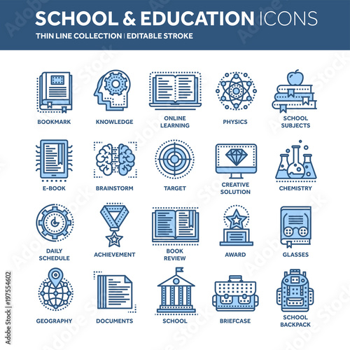 School education, university. Study, learning process. Oline lessons, tutorial. Student knowledge. History book.Thin line web icon set. Outline icons collection.Vector illustration.