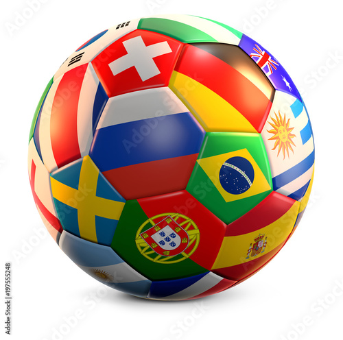 various national flags soccer ball 3d rendering