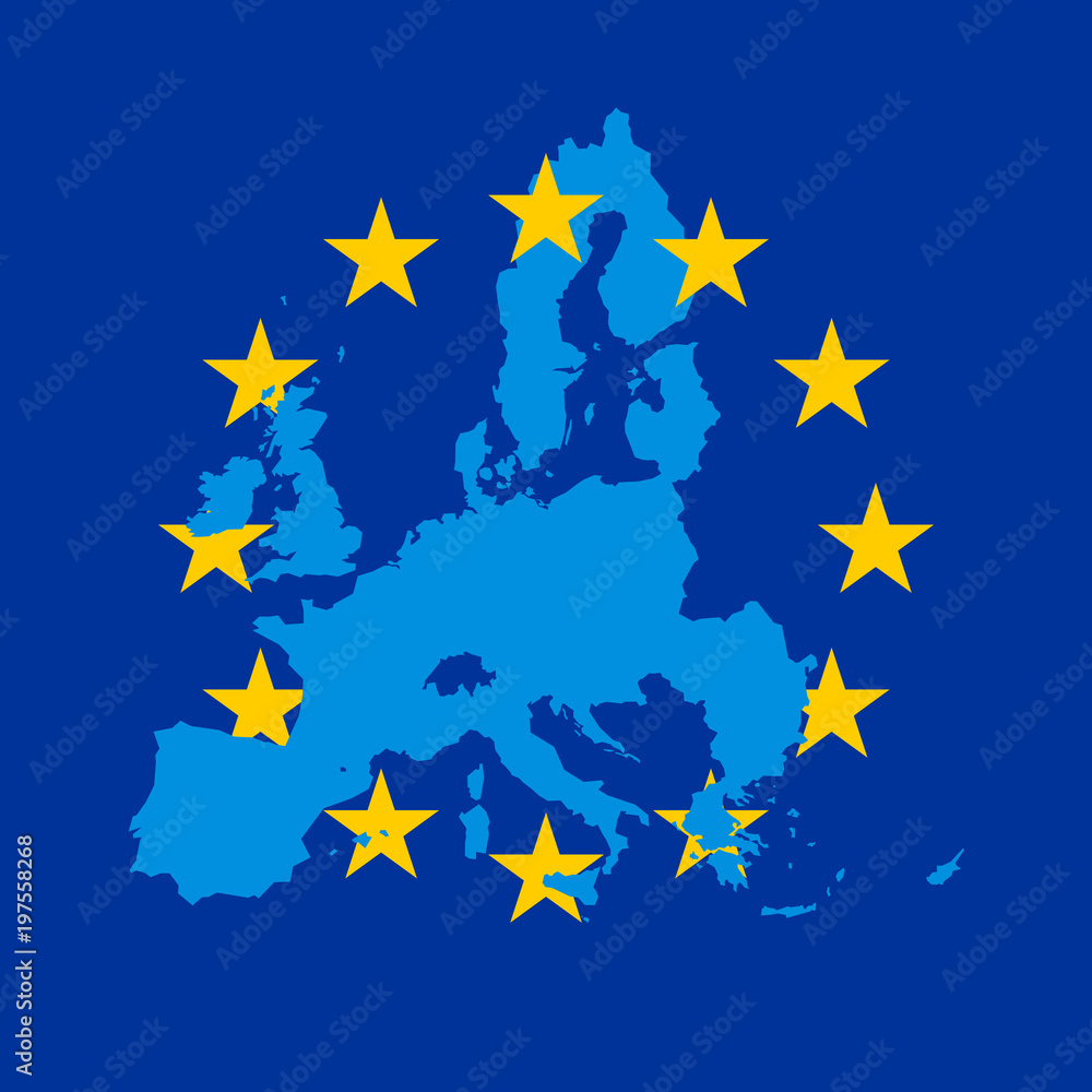Blue vector map of European Union combined with 12 yellow stars of EU flag. Blue vector map of European Union combined with 12 yellow stars of EU flag.