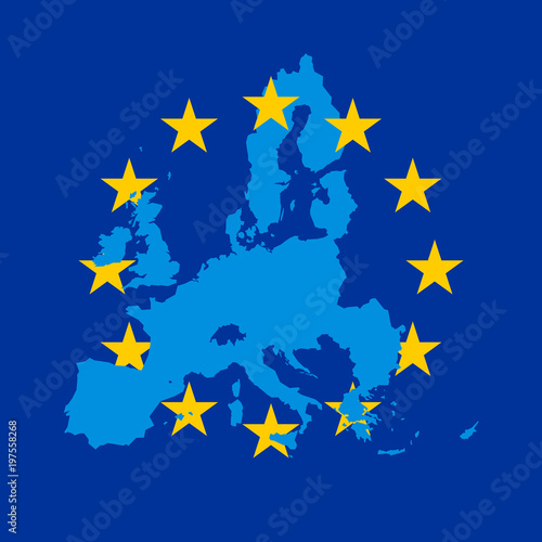Blue vector map of European Union combined with 12 yellow stars of EU flag.