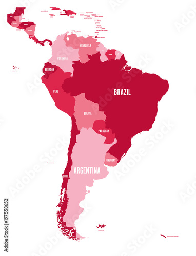 Political map of South America. Simple flat vector map with country name labels in four shades of maroon.