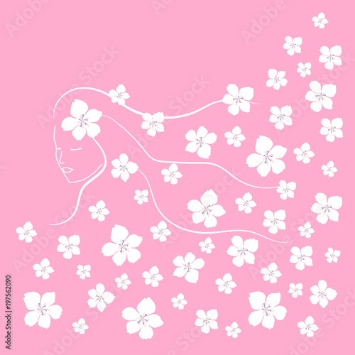 Beautiful woman with spring flowers. Cherry blossom Festival. Vector illustration.