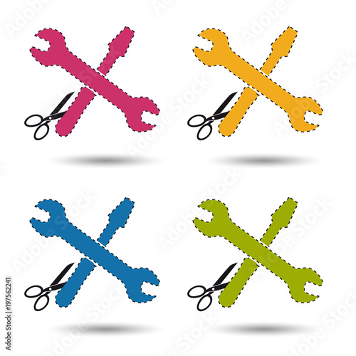 Werkzeug Satz - Sticker Icon mit Schere und Schneidekante - Vektor Illustration - Freigestellt auf weißem Hintergrund