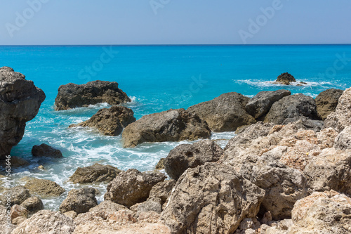 Amazing landscape of blue waters of Megali Petra Beach  Lefkada  Ionian Islands  Greece