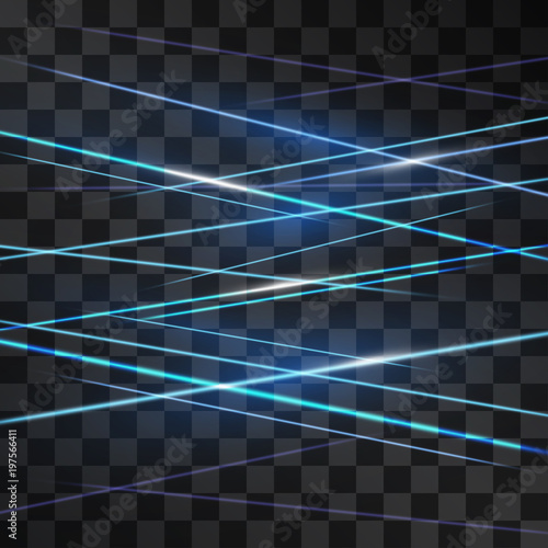 Laser blue signaling room glow vector . Crossed light streams blinking on transparent background. Light energy rays illustration for modern hi tech design. Power neon flow of high speed particles.