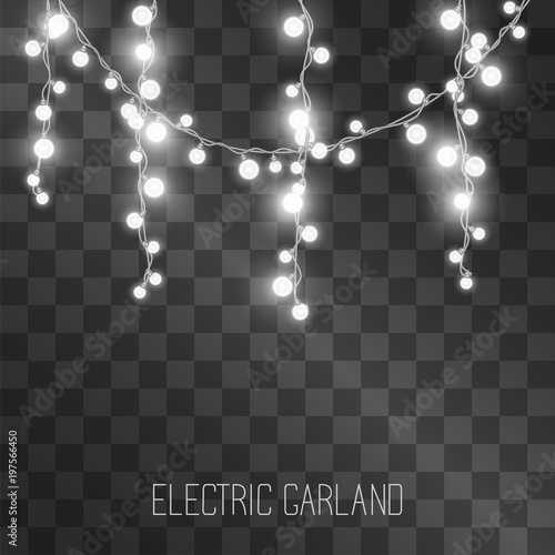 Bunch and string silver light hanging garland isolated on transparent background. Party electric bulb illumination. Magical shine decoration for events, celebrations.