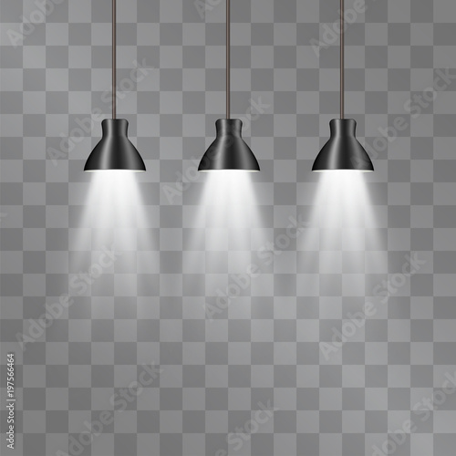 Three metallic lamp-shade electric illumination set, modern loft interior design isolated on transparent background. Ceiling cord hanging lamps with bulb lights. Minimalistic interior design.