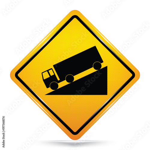 International Down Hill Symbol,Yellow Warning icon on white background, Attracting attention,Compulsory, Control ,practice, Security first sign, Idea for graphic,web design,vector,EPS10.