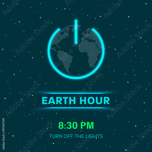 Earth hour concept with neon lights. Flat Earth planet in Space. Earth globe with on/off light switch icon or power button. Abstract space background with stars. Minimal design. Vector Illustration.
