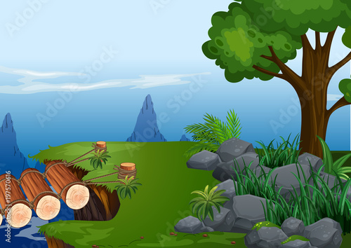 Background scene with wooden bridge on cliff