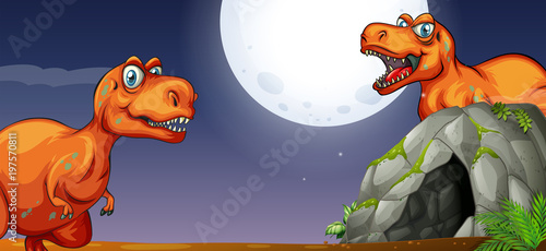 Two T-Rex by the cave at night