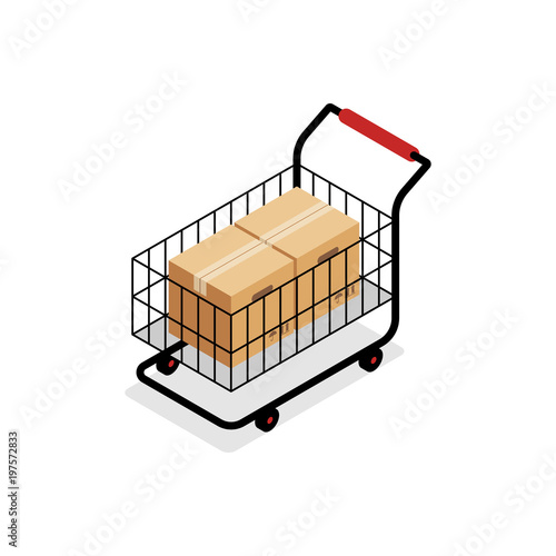 Isometric shopping cart with boxes isolated on white background