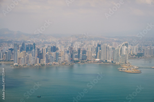 Panama City aerial - skyscraper skyline and coast view of Panama city