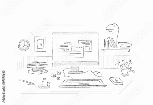 Drawn image of work table with objects