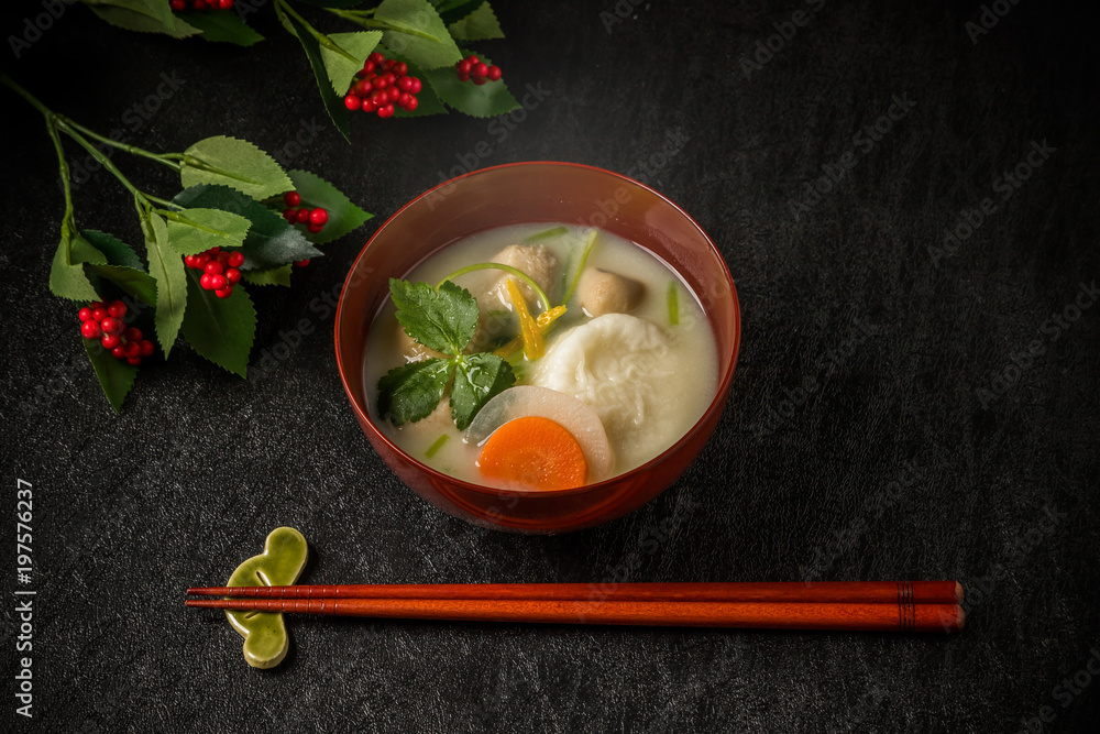 お雑煮 miso soup with rice cakes and vegetables お雑煮 miso soup with rice cakes and vegetables