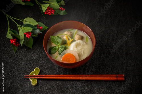 お雑煮　miso soup with rice cakes and vegetables photo