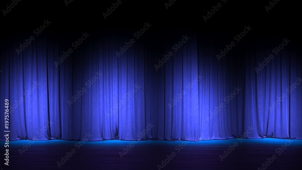 Dark empty stage with rich blue velvet curtains. 3d render