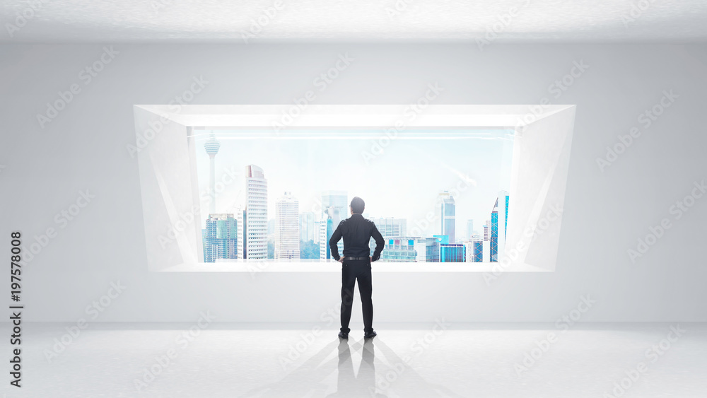 Thoughtful businessman standing in empty space concrete room with bright window and cityscape view . Mixed media . Thoughtful businessman standing in empty space concrete room with bright window and cityscape view . Mixed media .