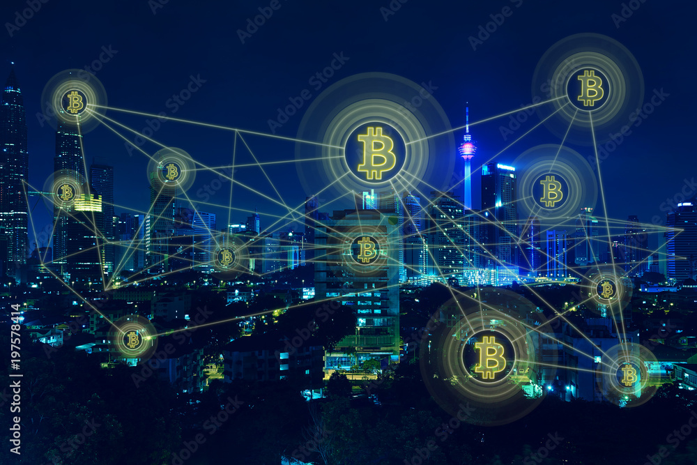Bitcoins and blockchain network connection with night city background .Electronic money ,blockchain transfers and finance concept. Bitcoins and blockchain network connection with night city background .Electronic money ,blockchain transfers and finance concept.