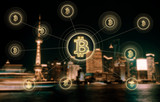 Bitcoins and blockchain network connection with blur Shanghai night city background .Electronic money ,blockchain transfers and finance concept.