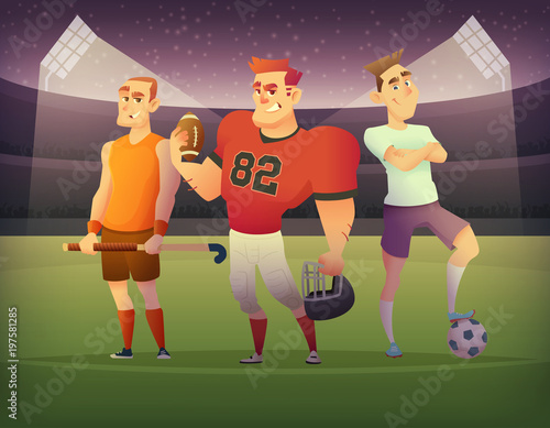 Concept of team sports. Soccer, football and cricket players stand on the field of the stadium at night.