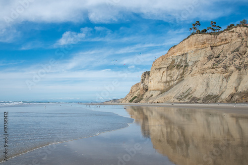 Cliffs at Blacks Beach in San Diego and the beach below Torrey Pines with the coastline reflecting in the wet sand.