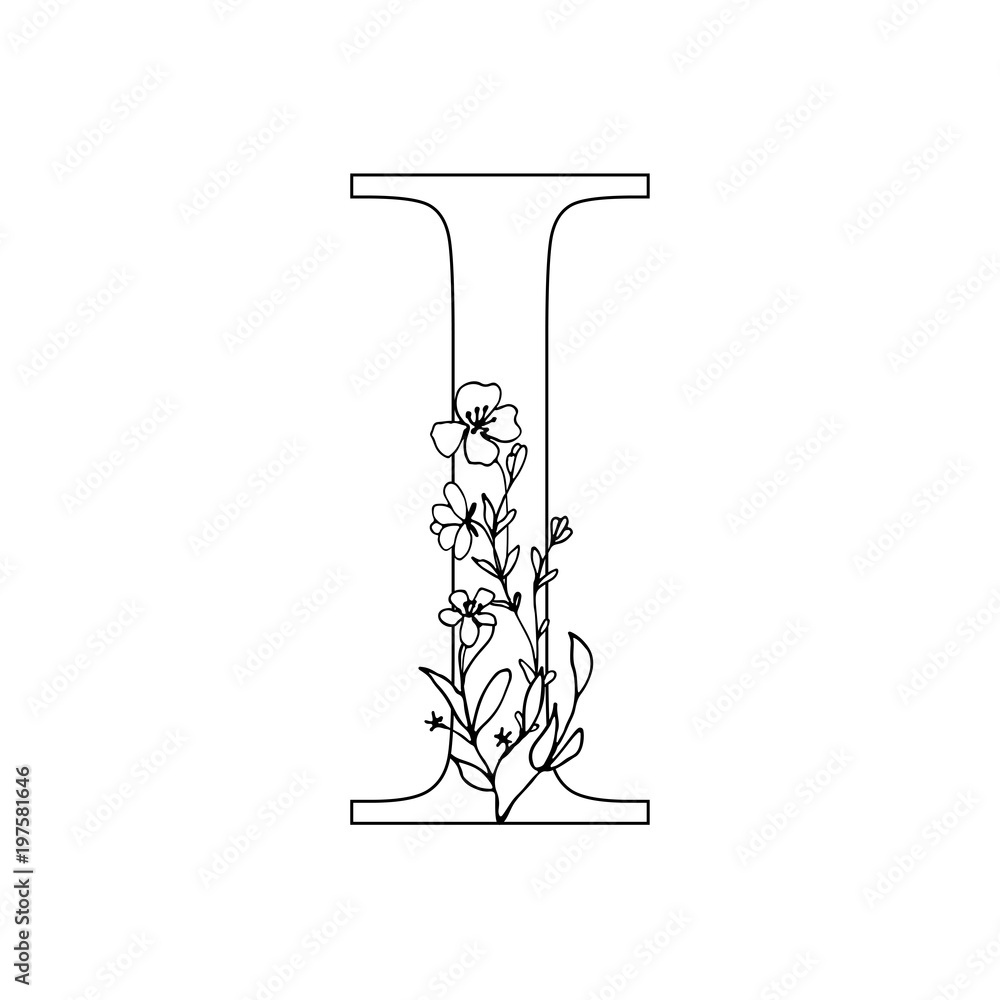 Floral letter I. Romantic lettering design with flowers. Floral letter I. Romantic lettering design with flowers.