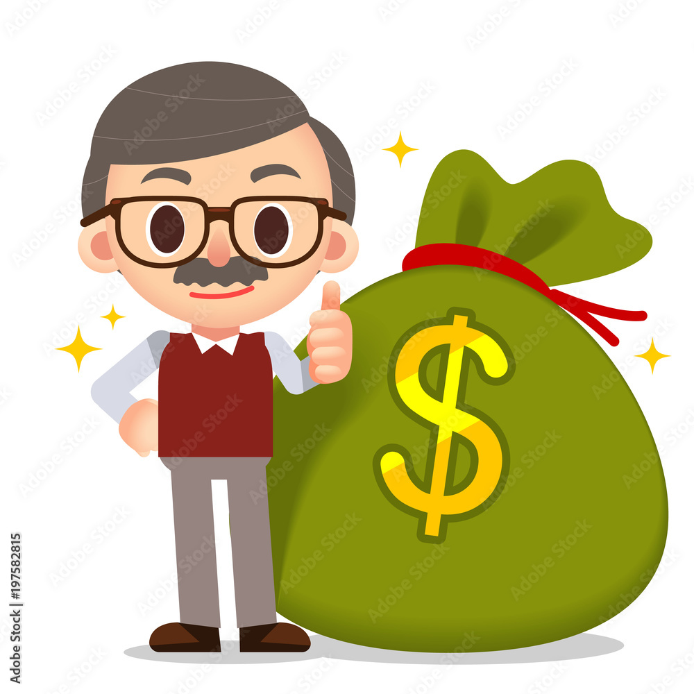 Vector illustration of male elder character standing by side giant money bag isolated on white background Vector illustration of male elder character standing by side giant money bag isolated on white background