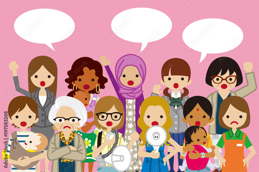 Female Protesters ,Pink background- Women’s Rights concept Female Protesters ,Pink background- Women’s Rights concept