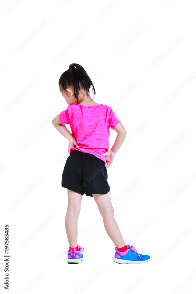Asian pretty child doing exercises. Isolated on white background.