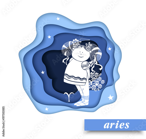 Aries. Paper art Aries of zodiac and horoscope concept, vector art and illustration.Children horoscope. vector