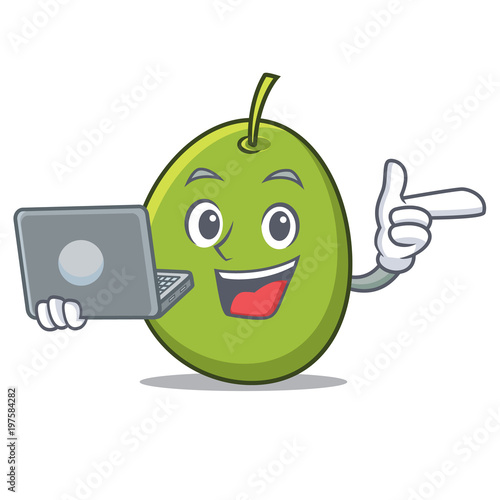 With laptop olive character cartoon style