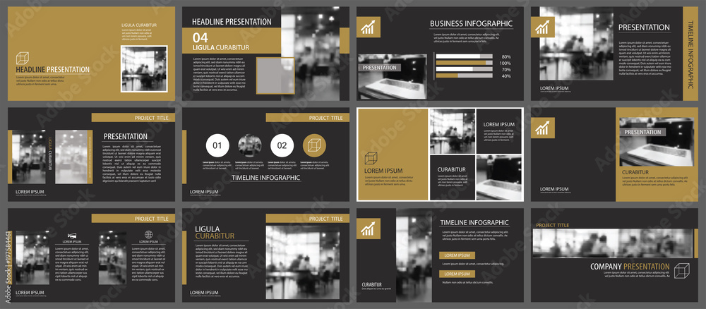 Black gold presentation templates and infographics elements background. Use for business annual report, flyer, corporate marketing, leaflet, advertising, brochure, modern style. - obrazy, fototapety, plakaty 