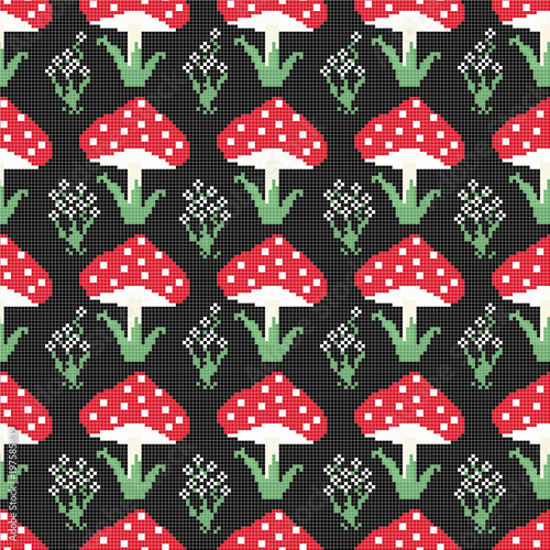 Seamless colorful pattern with red mushrooms and flowers on a black background.