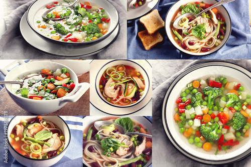 Collage of different soups.