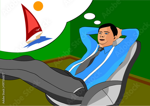 Office worker during work dreaming about vacation and the rest of the sea, vector illustration