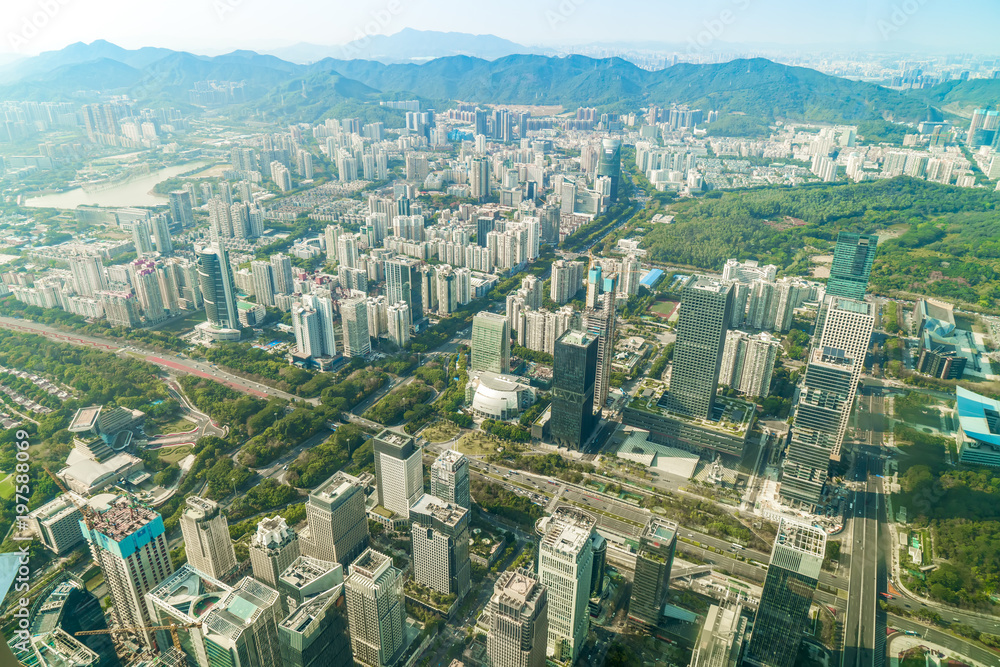 A bird's eye view of the urban architectural landscape and the urban skyline in Shenzhen