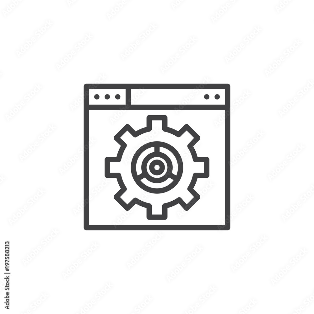 Browser window with gear SEO outline icon. linear style sign for mobile concept and web design. Website settings simple line vector icon. Symbol, logo illustration. Pixel perfect vector graphics Browser window with gear SEO outline icon. linear style sign for mobile concept and web design. Website settings simple line vector icon. Symbol, logo illustration. Pixel perfect vector graphics