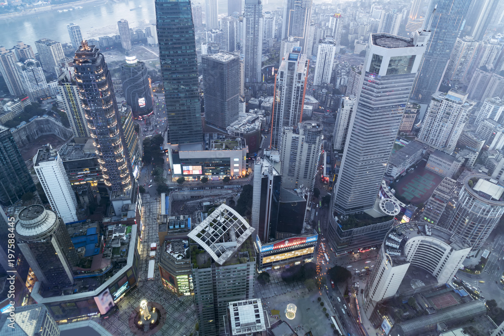 A bird's eye view of the skyline and architectural landscape of the Chongqing river at sunset A bird's eye view of the skyline and architectural landscape of the Chongqing river at sunset