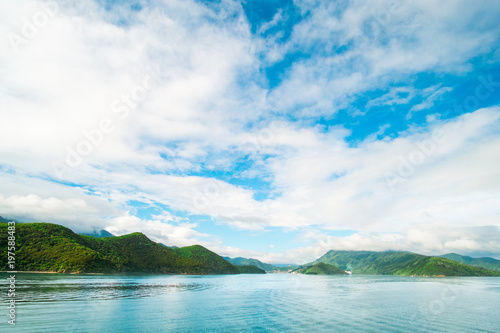 Beautiful landscape of blue ocean and City of Picton among the green nature.