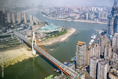 A bird's eye view of the skyline and architectural landscape of the Chongqing river at sunset © 昊 周