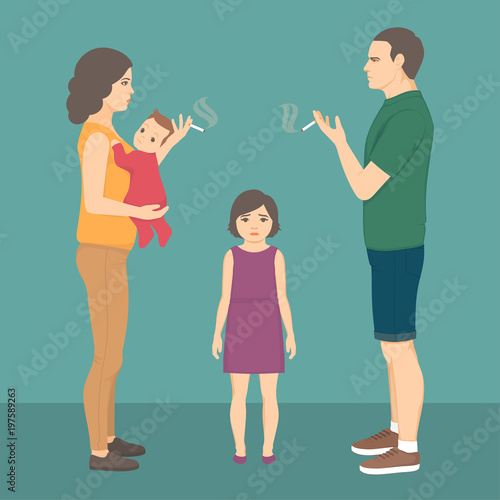 vector illustration of smoking parent. baby, child health. father smoke cigarette, addiction 