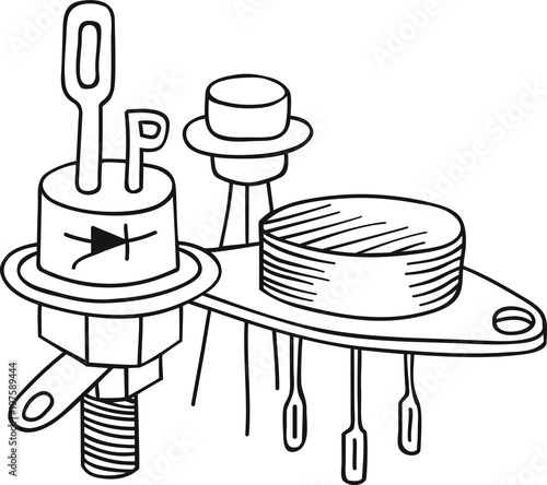 Hand Drawn Doodle Sketch Line Art Vector Illustration of Powerful Electronic Components Thyristor and Transistors. Student Course Electronics Emblem Poster Banner Black Outline Design Element Template photo