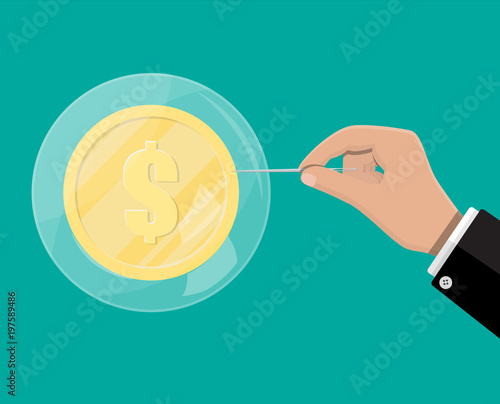 Hand with needle raised soap bubble.