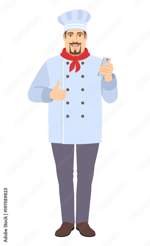 Chef with mobile phone mobile showing thumb up Chef with mobile phone mobile showing thumb up
