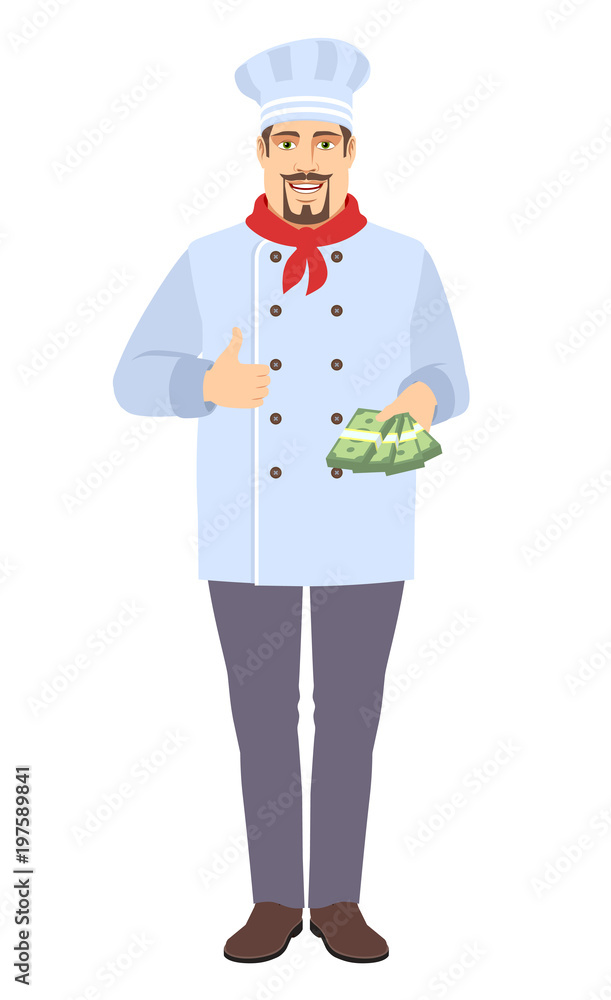 Chef with cash money showing thumb up Chef with cash money showing thumb up