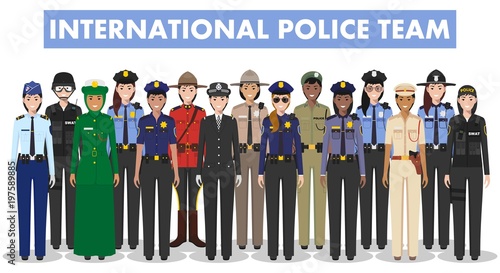 International police people concept. Detailed illustration of SWAT officer, policeman, policewoman and sheriff from different countries in flat style on white background. Vector illustration.