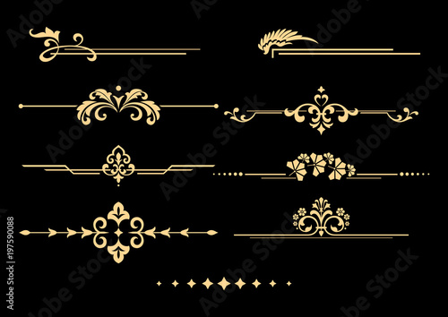 Vintage set of decorative elements. Golden separators on a black
